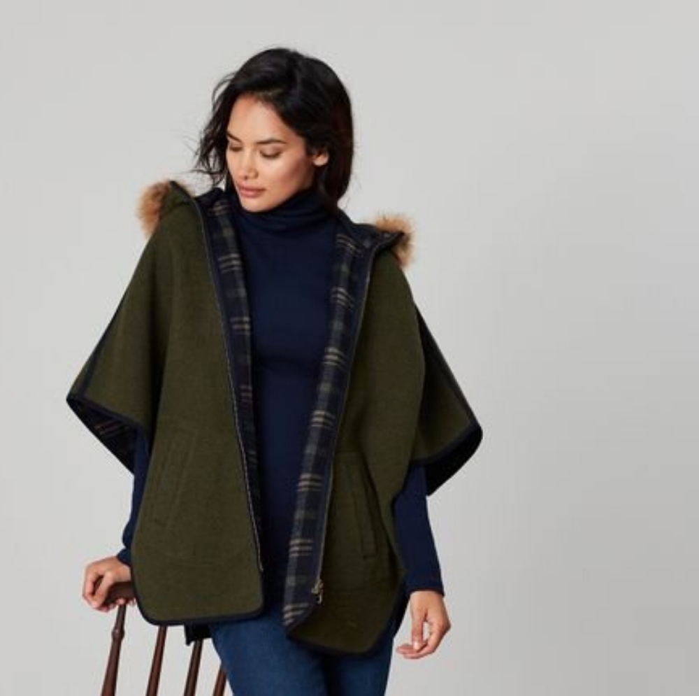NWT Joules Everly Olive Hooded Cape with Faux Fur Trim